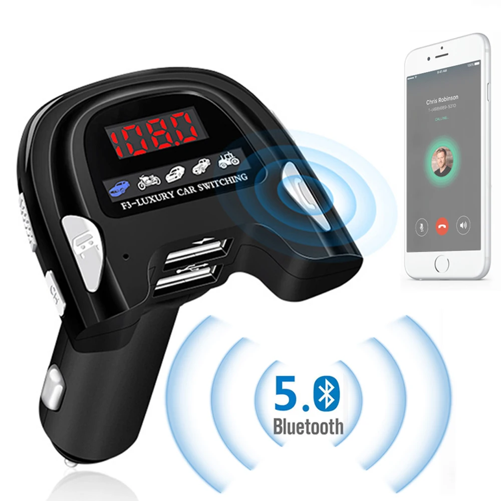 Car Charger for Mobile Phone Handsfree Bluetooth 5.0 FM Transmitter Car MP3 Player Sound Simulator Dual USB Car Phone Charger Car Charger for Mobile Phone Handsfree Bluetooth 5.0 FM Transmitter Car MP3 Player Sound Simulator Dual USB Car Phone Charger