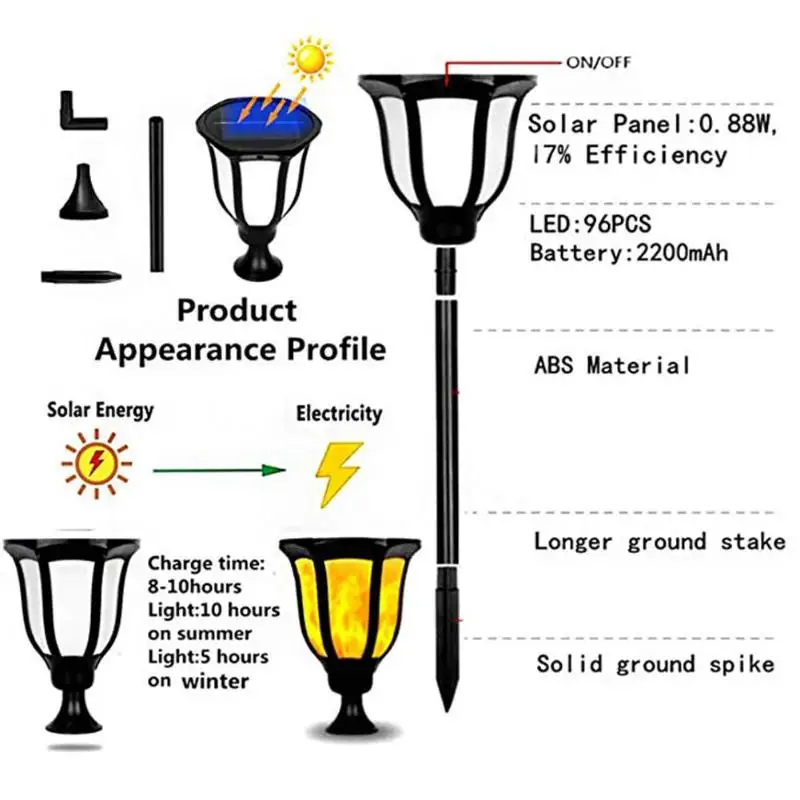 2pcs 96LED Solar Flickering Flame Light Outdoor Waterproof Yard Torch Lamp