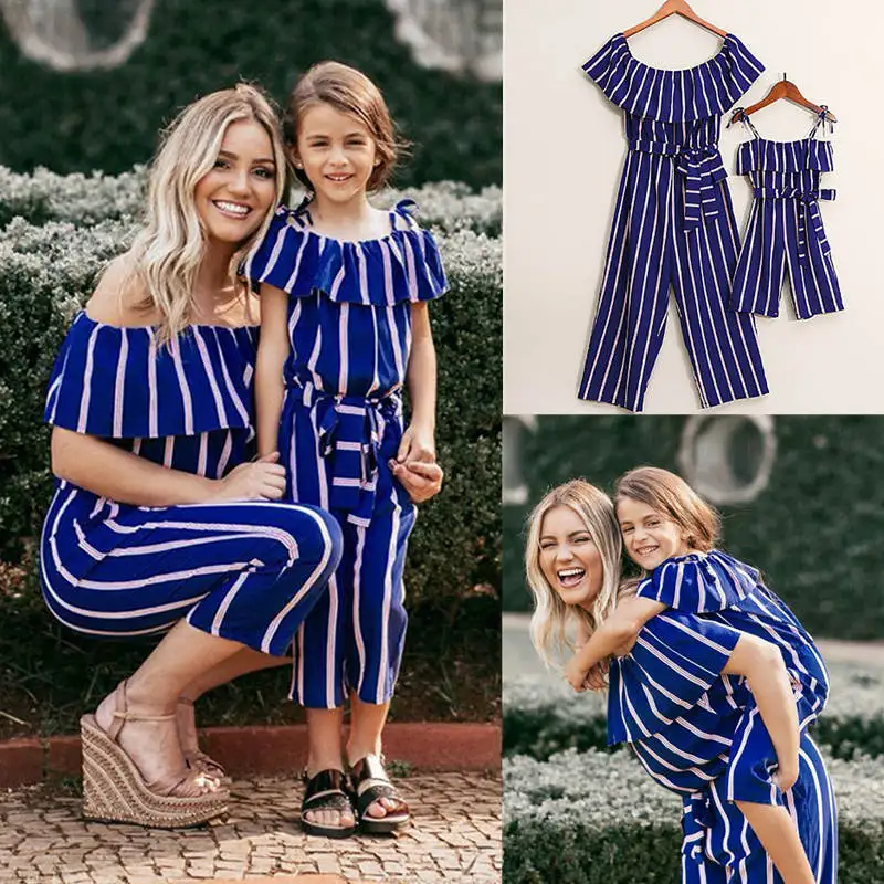 

Family Matching Outfits Mother and Daughter Mommy and Me Clothes Boho Beach Summer Sleeveless Striped Jumpsuit Romper Gril C0400