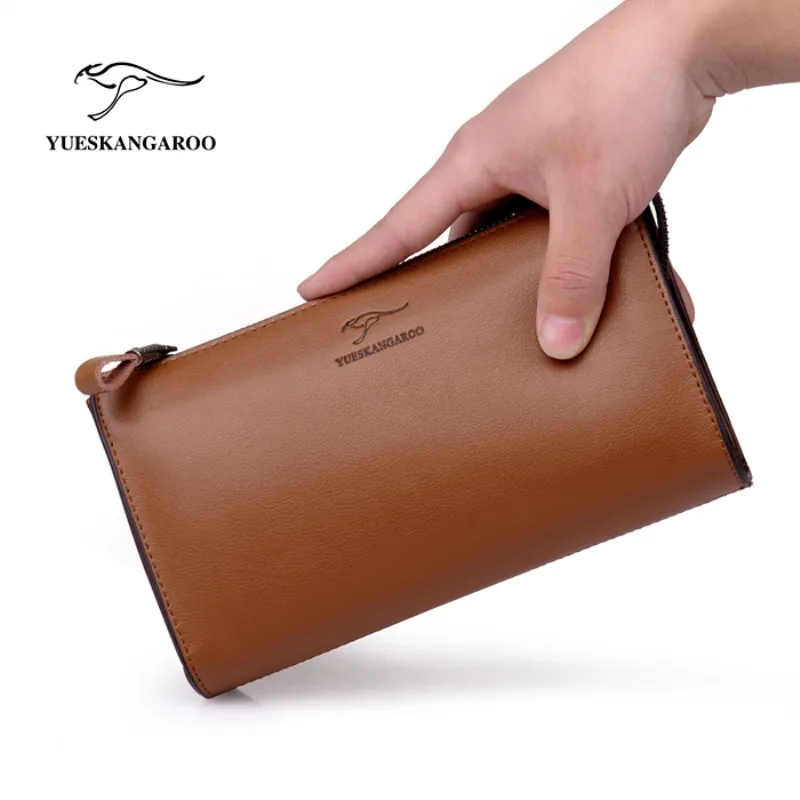 

Kangaroo Brand Men Clutch Bag Fashion Leather Long Purse Double Zipper Business Wallet Black Brown Male Casual Handy Bag