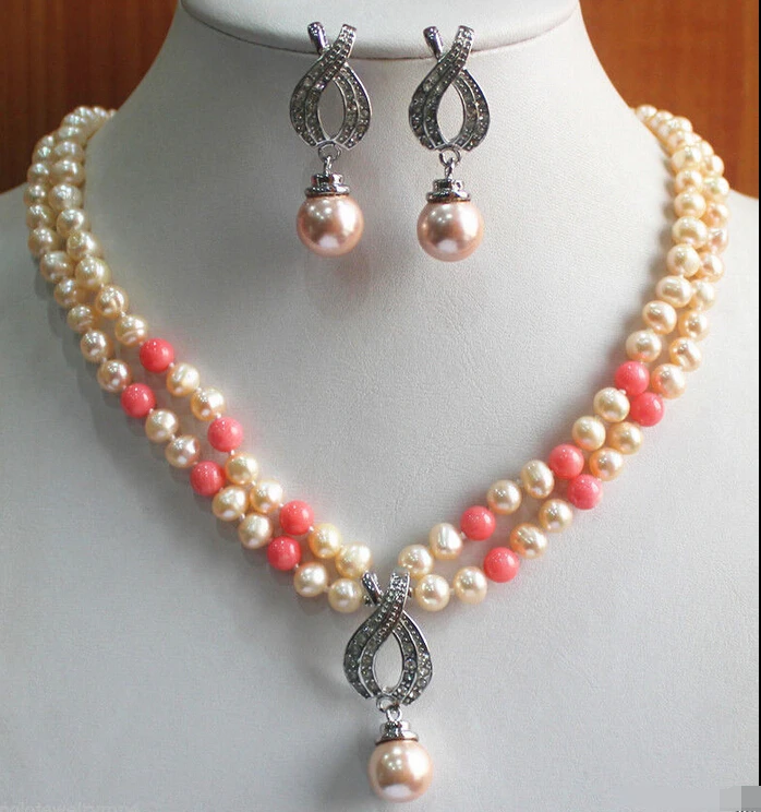 

free shipping 07520 2 Rows Yellow/Orange Shell Pearl/Jade Necklace Earring Pendant set