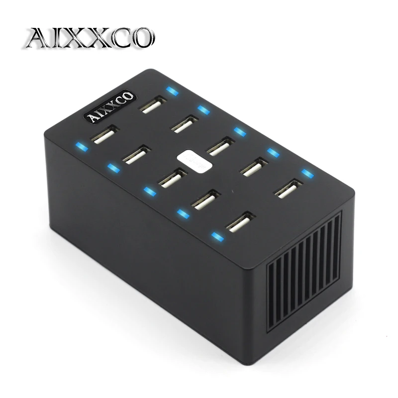 

AIXXCO USB Charger 50W 10 Ports USB 10A Smart Adaptive Desktop Charging Station with Holder 5V 2.4A for Samsung Xiaomi iPad