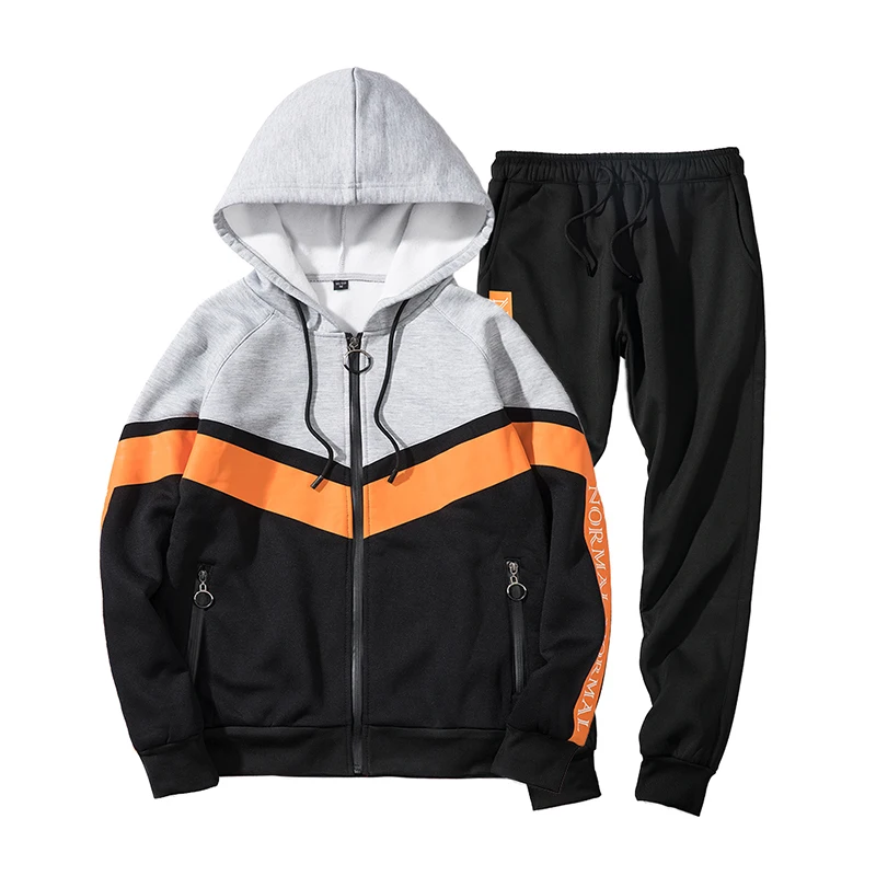 

2 Pieces Zipper Tracksuit Men Set Sporting Sweatsuit Men Clothes Patchwork Hooded Hoodies Jacket+Pants Track Suits Male set