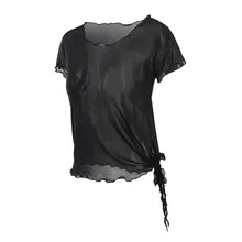 Женская сетчатая рубашка для йоги, топы, дышащие, с оборками, с коротким рукавом, спортивные, с боковой шнуровкой, рубашки, размер S-L