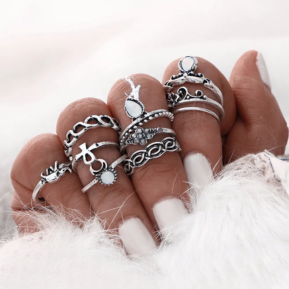 10pcs/Set Gold Silver Color Boho Beach Vintage Flower Elephant Midi Knuckle Ring Set in Rings