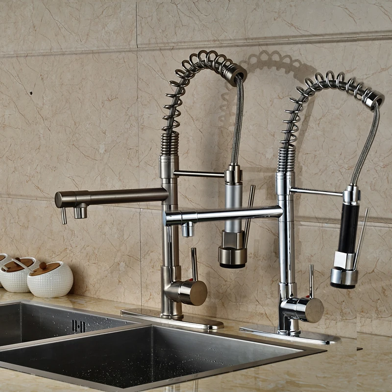 

Brushed Nickel & Chrome Pull Down Dual Spout Kitchen Faucet Deck Mounted Kitchen Hot and Cold Water Taps