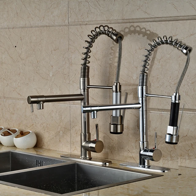 Best Offers Brushed Nickel & Chrome Pull Down Dual Spout Kitchen Faucet Deck Mounted Kitchen Hot and Cold Water Taps