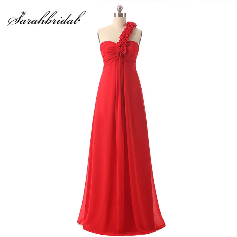 

Cheap in Stock Red Long Prom Dresses with Flowers Chiffon Pleated One-Shoulder Simple Party Gowns Wedding Guest Dress TJ001