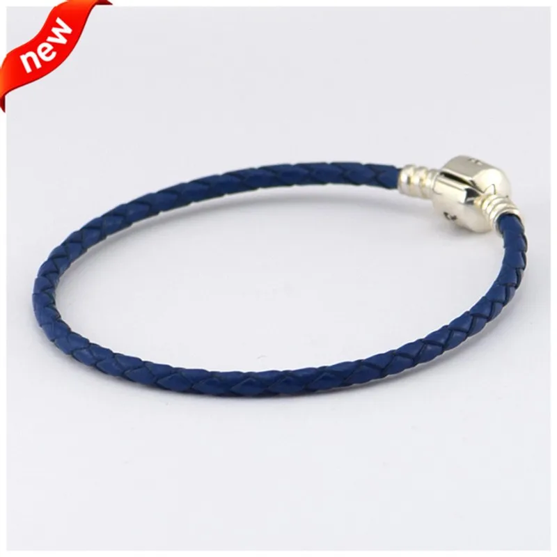

FANDOLA 100% 925 Sterling-Silver-Jewelry Bracelets for Women Dark Blue Leather Bracelet DIY Fits Silver Beads Charm 16-57CM P010