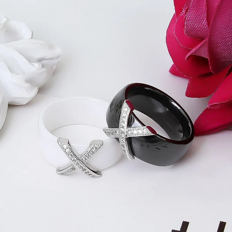 Модные ювелирные изделия Женское кольцо с AAA кристаллом 6 мм X Крест керамические кольца для мужчин и женщин плюс большой размер 6-9 обручальное кольцо подарок