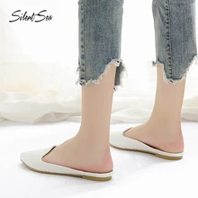 Silentsea Новая модная обувь Для женщин однотонные белые Вязание Туфли без каблуков обувь открытые босоножки кожа Для женщин Балетки на плоской подошве повседневная обувь ежедневно Большие