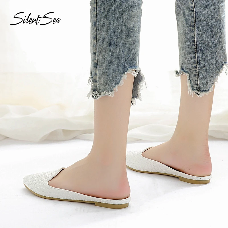 

Silentsea New Fashion Shoes Women Solid White Knitting Flats Shoes Slingbacks Leather Women Flats Ballet Casual Shoes Daily Big