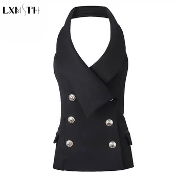 

LXMSTH Women Vests Fashionable Double Breasted Slim Sleeveless Suit jacket Office Waistcoat Female Colete Feminino veste femme