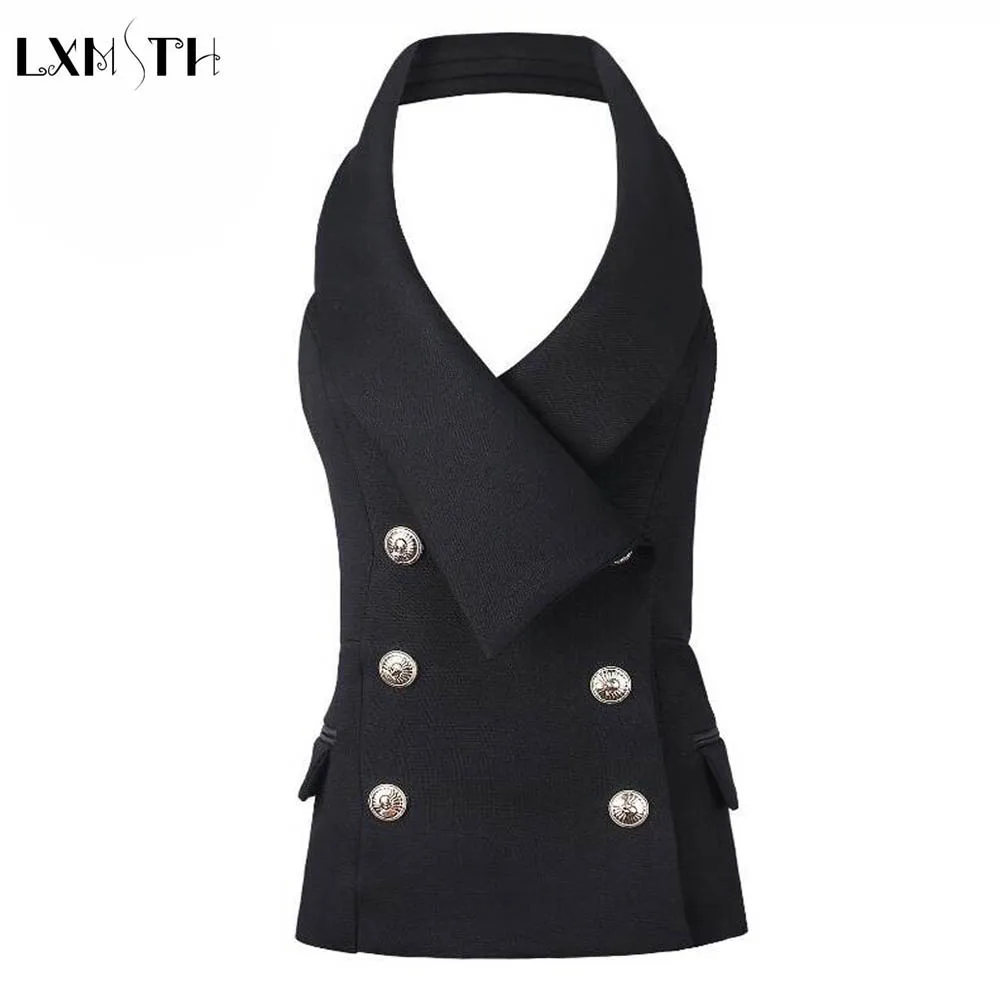 LXMSTH Women Vests Fashionable Double Breasted Slim Sleeveless Suit jacket Office Waistcoat Female Colete Feminino veste femme
