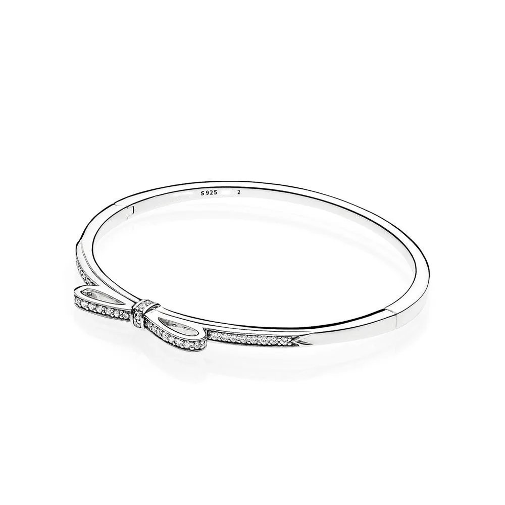 

2019 New Authentic 925 Silver Sparkling Bow Bangle Clear CZ Fit Original Pan Charm Bracelet Bangle DIY Jewelry