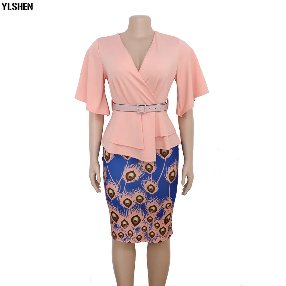African Dresses for Women Dashiki African Clothes Fake 2PC Set Print Patchwork Bazin Riche Sexy Slim Office Elegant Africa Dress 03
