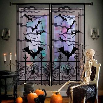 

Bat Pattern Lace Door Curtains for Kitchen Halloween Black Sheer Curtain for Living Room Tulle Window Treatments Home Decorative