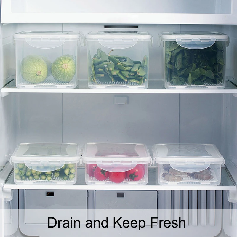 

Refrigerator Food Container Storage Box Organizer Sealed Cans Household Kitchen Plastic Crisper With Drainer Keep Fresh