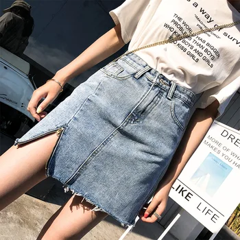 

denim women skirts sexy zipper solid jean pockets irregular high waist street wear female skirts top quality