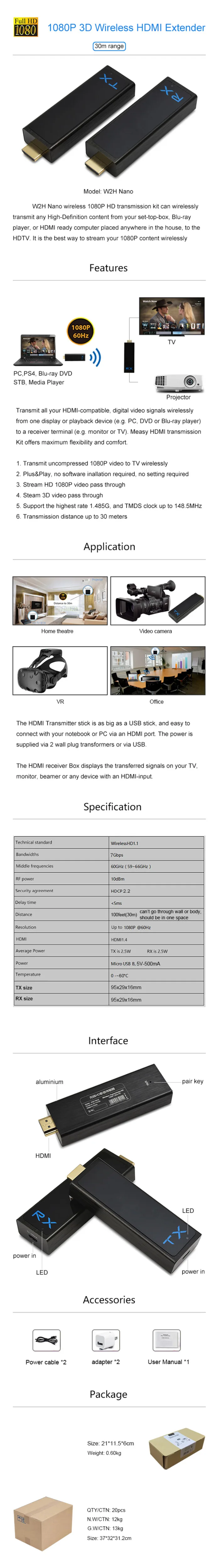 Kaycube W2H Nano 1080P 3D беспроводной HDMI удлинитель видео аудио передатчик Комплект 100 футов мини беспроводной HD передатчик/Teceiver новейший