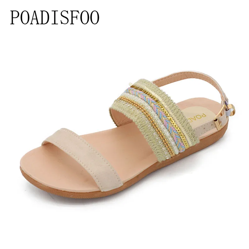 

POADISFOO 2018 Women Size Plus Size Crystal Sandals 4 comfy women's flat with beads For Women plus size 42 .HYKL-2711