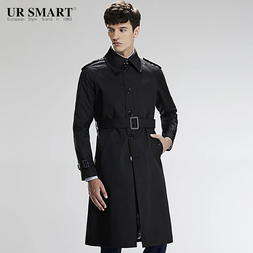 URSMART single breasted super long men's windbreaker waist style black ...