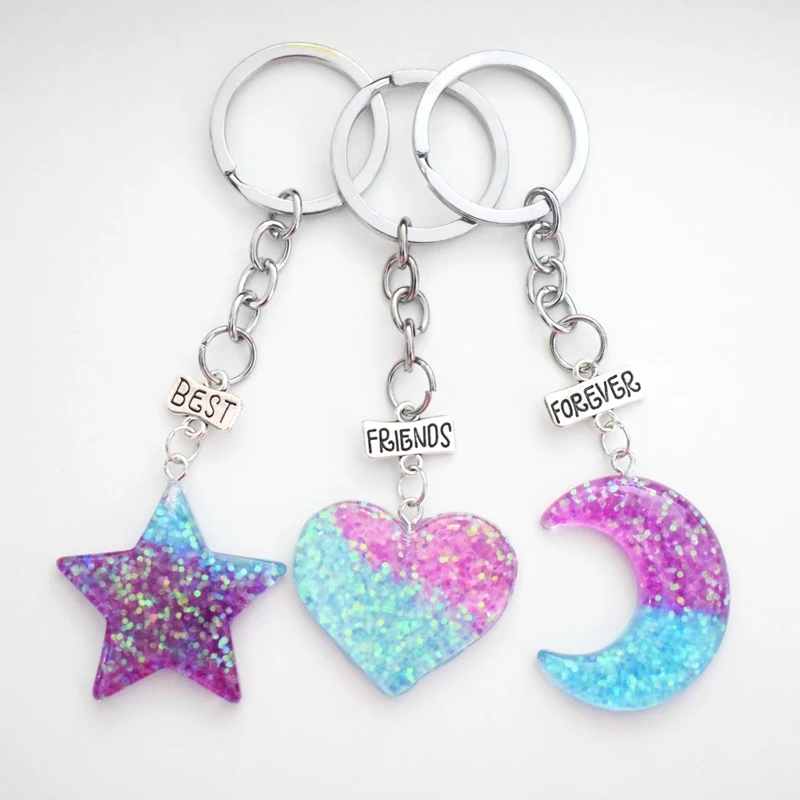 

Resin Glitter Star Moon Heart Pendant Best Friends Forever BFF Key Chains Kids Key Ring Friendship Gifts For Girls,Boys 3pcs/lot
