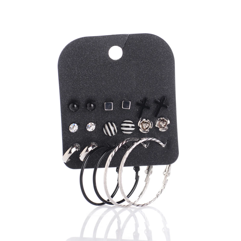 

E0078 9pair Black Cross Stud Earring Big Round Silver Circle set