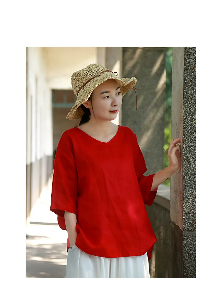 LZJN Women Tops and Blouses 2019 Summer V Neck Short Sleeve Linen Shirt Casual Loose Work Blouse RetroTop Plus Size Blusas (29)