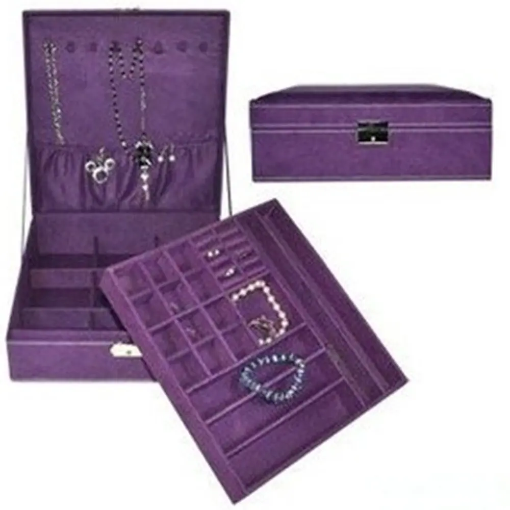 

Purple two-layer lint jewelry box organizer display storage case with lock
