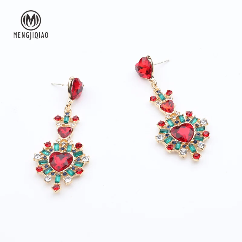 MENGJIQIAO 2018 Baroque Vintage Crystal Heart Drop Earrings Women Fashion Rhinestone Statement Boucle D'oreille Christmas Gifts