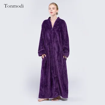 

Robes Long nightgown In Winter Women Sleepwear Coral Fleece Robe zipper Long nightdress fiery Warm Sleep Nightwear