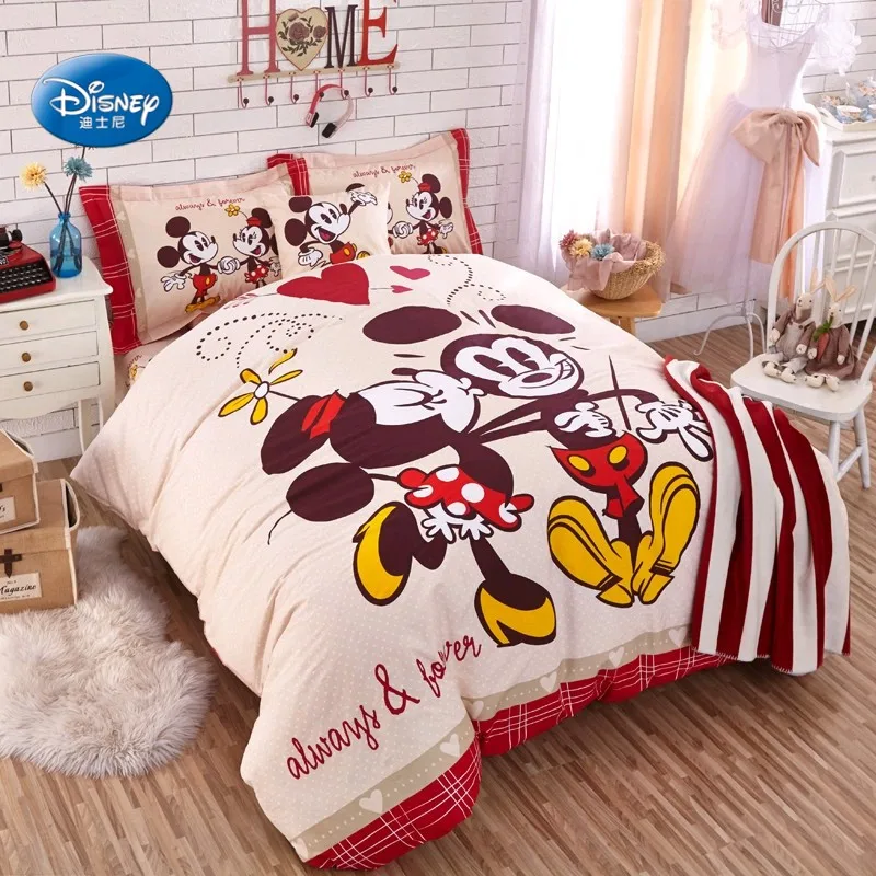 Mickey Mouse Bedding Set Red Plaid Disney Cartoon Minnie
