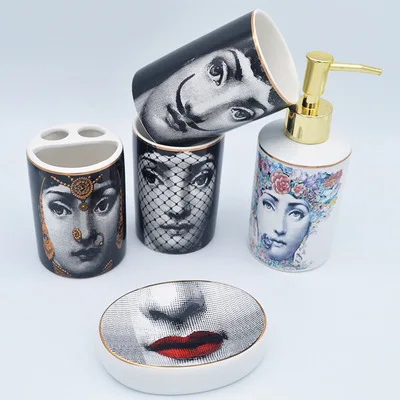 Винтаж Fornasetti аксессуары для ванной комнаты Набор керамическая чашка держатель для зубной щетки мыло диспенсер путешествия мыло держатель шампунь бутылка для ванны - Цвет: Set 2