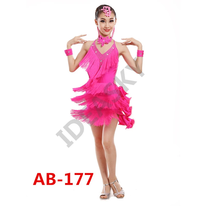 Детское профессиональное платье для латинских танцев с кисточками для девочек, бальные платья для танцев, Детская бахрома для сальсы с красными блестками