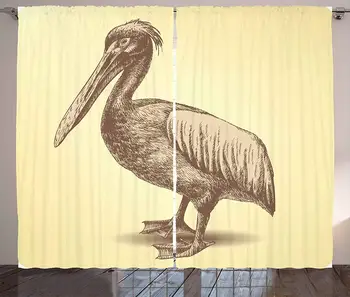

Vintage Yellow Kitchen Curtains Hand Sketch Style Bird Wildlife Inspired Animal Artwork Window Decor Panel Set