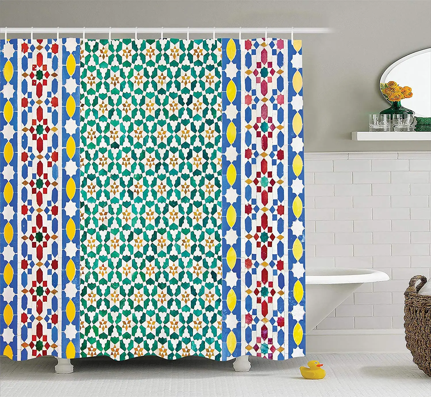 

Moroccan Decor Shower Curtain Colorful Moroccan Mosaic Wall Mideast Style Craftsmanship Vertical Details Bathroom Accessories