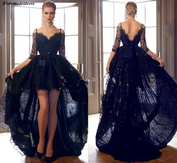 

Hi-Lo Black Prom Dresses 2019 A-Line Lace V-Neck Backless 3/4 Sleeves Formal Party Gowns Vestidos De Festa Plus Size Customized
