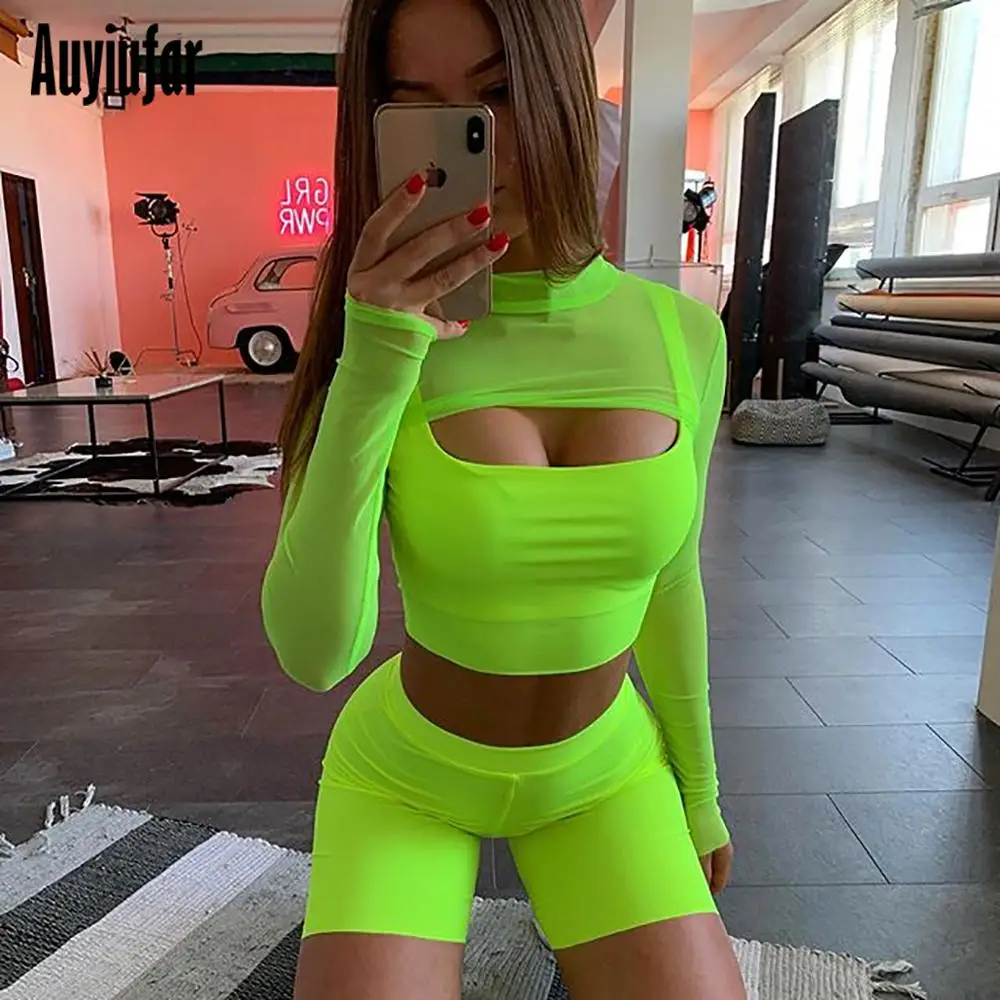 

Auyiufar Neon Shorts Tracksuit Two Pieces Set Women Club Outfits Pink Crop Tops and Biker Shorts Casual 2 Piece Matching Sets