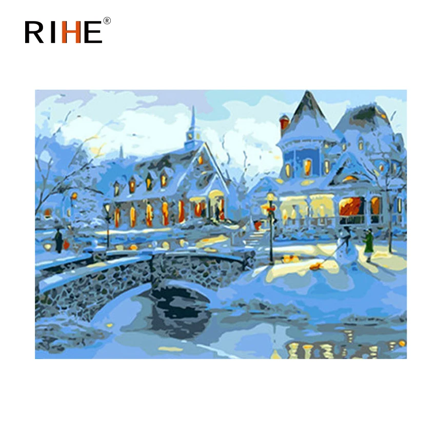 

RIHE Snow Villa Diy Painting By Numbers Abstract Bridge Oil Painting On Canvas Cuadros Decoracion Acrylic Wall Picture For Room