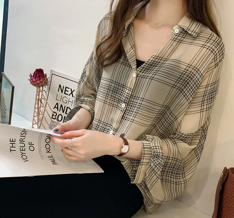 2019 Autumn Chic Plaid Shirts Women Batwing Sleeve Chiffon Blouses Casual Chemise Femme Tops Plus Size Tartan Blusas Mujer (4)