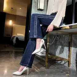 Nonis высокая талия широкие брюки свободные джинсы для женщин боковой полосой Синий джинсовые брюки женские длинные мотобрюки офисные