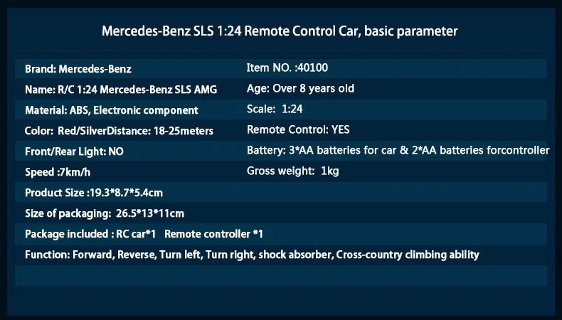 Rastar лицензированный-Mercedes-Benz SLS AMG 1:24 детские игрушки с дистанционным управлением мини-автомобиль 40100