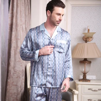 

Brand Male Silk Pajamas Fashion Printed Men's 100% Silk Long-Sleeve Pajama Pants Sets Comfortable Soft Men Lounge Homewear Sets