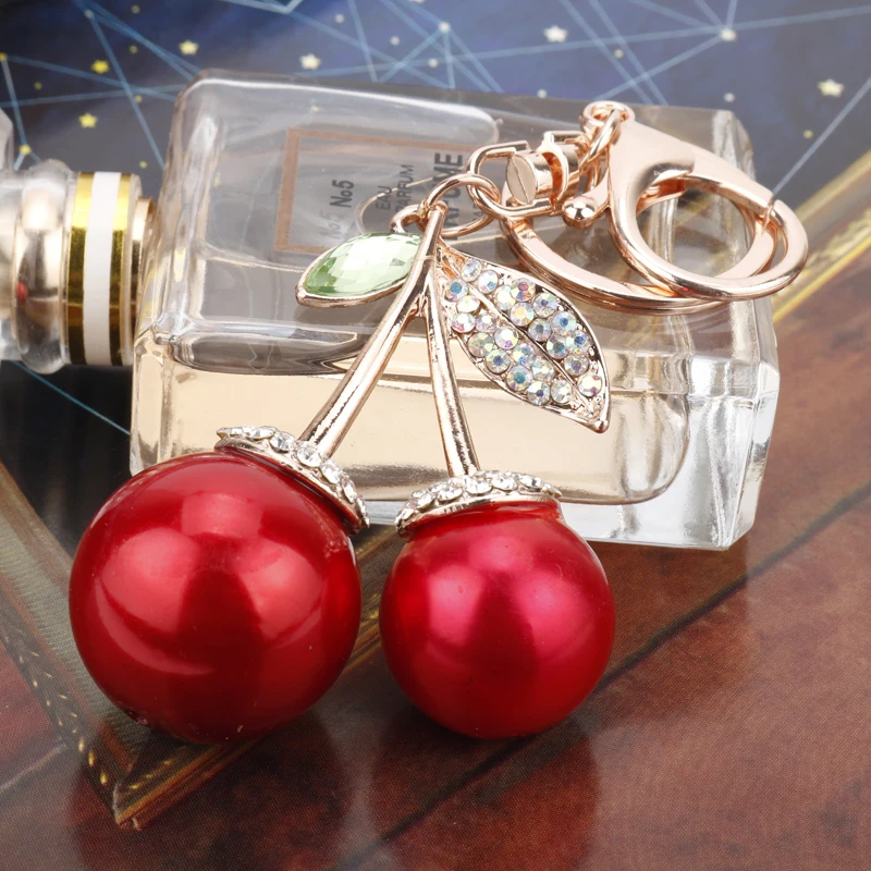 

HEYu Fruit Red Cherry Keychain Crystal Leaf Women Bag Keyrings Cartoon Jewelry Car Accessories Trinket
