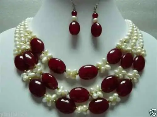 

Jewelry 001141 Beautiful white pearl red necklace earring set