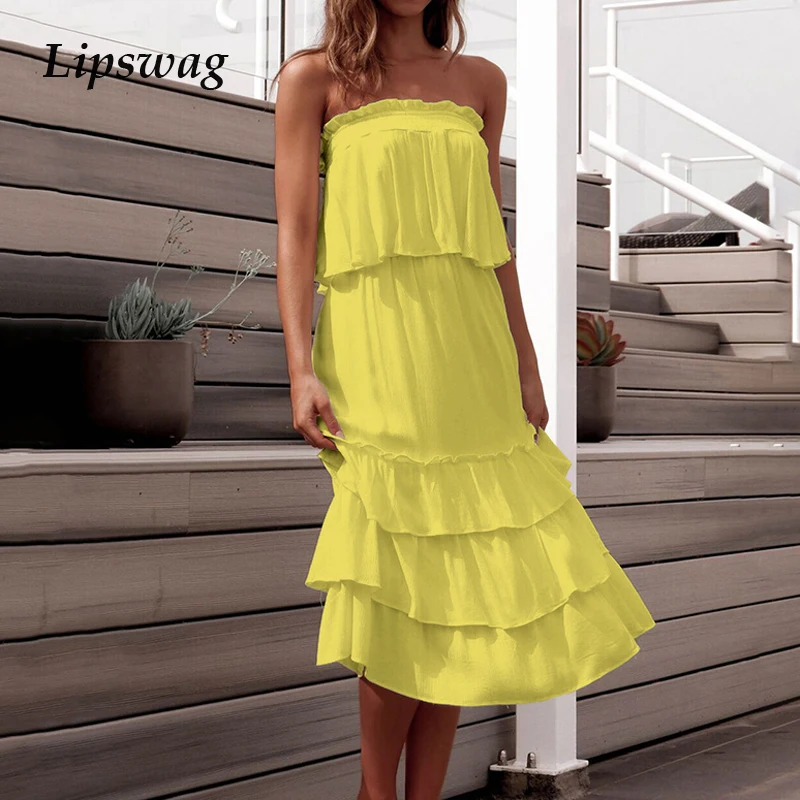 

Lipwag Sweet Cascading Ruffles Party Dress Elegant Women Strapless Elastic Backless Summer Dress Casual Pleated Beach Long Dress