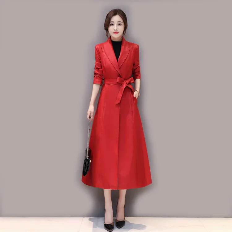 Длинный Тренч, корейский винтажный весенне-осенний жакет из искусственной кожи, женская одежда, ветровка, плюс размер 4xl, верхняя одежда ZT2467 - Цвет: red