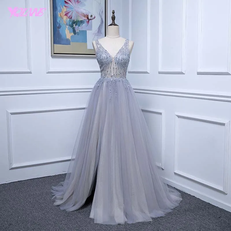 

YQLNNE 2018 Sexy Gray Long Prom Dresses Deep V Neck Tulle Crystals Beaded Vestido De Festa