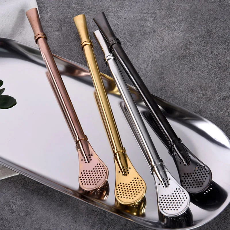 

2pcs Metal Drinking Straws Yerba Mate Tea Bombilla Stainless Steel Filter Straw Spoon Reusable Strainer Stirring Spoon Barware